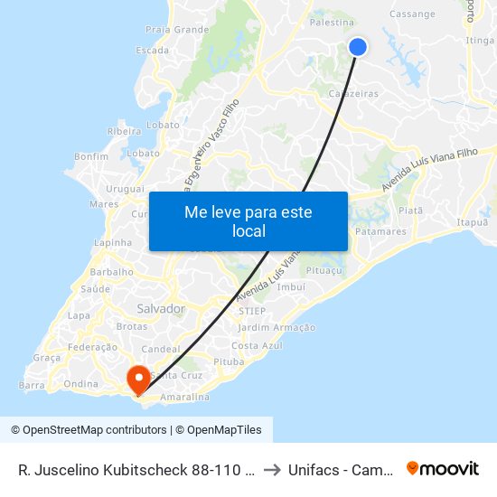 R. Juscelino Kubitscheck 88-110 - Cajazeiras 11 Salvador - Ba Brasil to Unifacs - Campus Rio Vermelho map