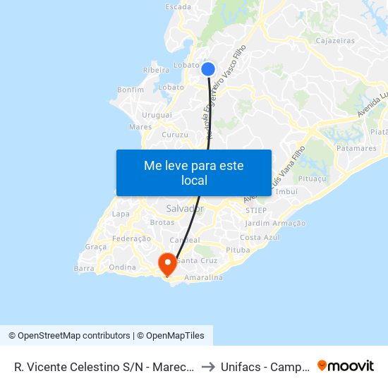 R. Vicente Celestino S/N - Marechal Rondon Salvador - Ba Brasil to Unifacs - Campus Rio Vermelho map