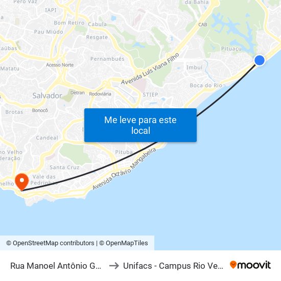 Rua Manoel Antônio Galvão 9 to Unifacs - Campus Rio Vermelho map