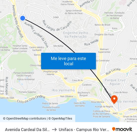 Avenida Cardeal Da Silva 26 to Unifacs - Campus Rio Vermelho map