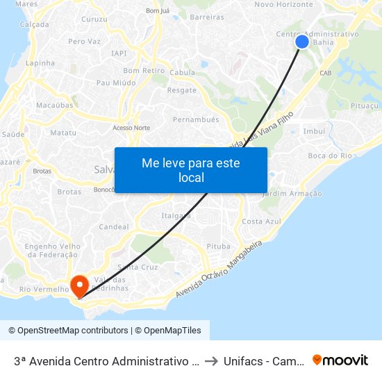 3ª Avenida Centro Administrativo Da Bahia | Cerb / Vila Policial Do Cab to Unifacs - Campus Rio Vermelho map