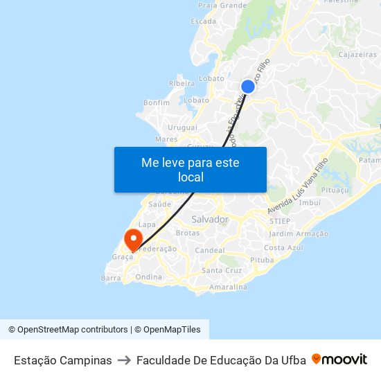 Estação Campinas to Faculdade De Educação Da Ufba map