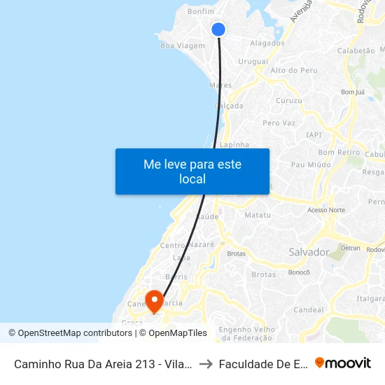 Caminho Rua Da Areia 213 - Vila Rui Barbosa Salvador - Ba Brasil to Faculdade De Educação Da Ufba map