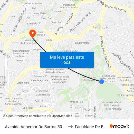 Avenida Adhemar De Barros 500 - Ondina Salvador - Ba Brazil to Faculdade De Educação Da Ufba map