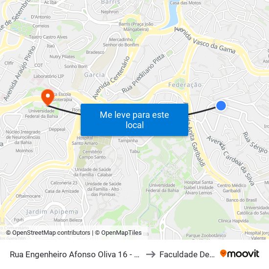 Rua Engenheiro Afonso Oliva 16 - Federação Salvador - Ba 40230-370 Brasil to Faculdade De Educação Da Ufba map