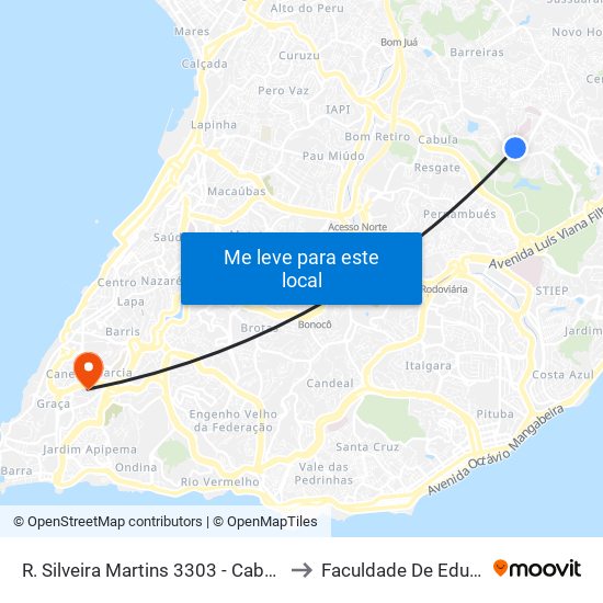 R. Silveira Martins 3303 - Cabula Salvador - Ba Brasil to Faculdade De Educação Da Ufba map