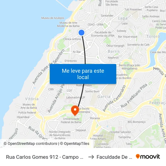 Rua Carlos Gomes 912 - Campo Grande Salvador - Ba 40060-330 Brasil to Faculdade De Educação Da Ufba map