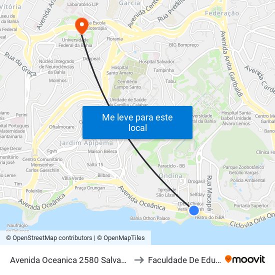 Avenida Oceanica 2580 Salvador - Bahia 40170 Brasil to Faculdade De Educação Da Ufba map