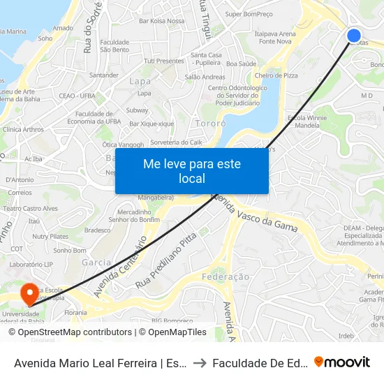 Avenida Mario Leal Ferreira | Estação Brotas - Sentido Lapa to Faculdade De Educação Da Ufba map