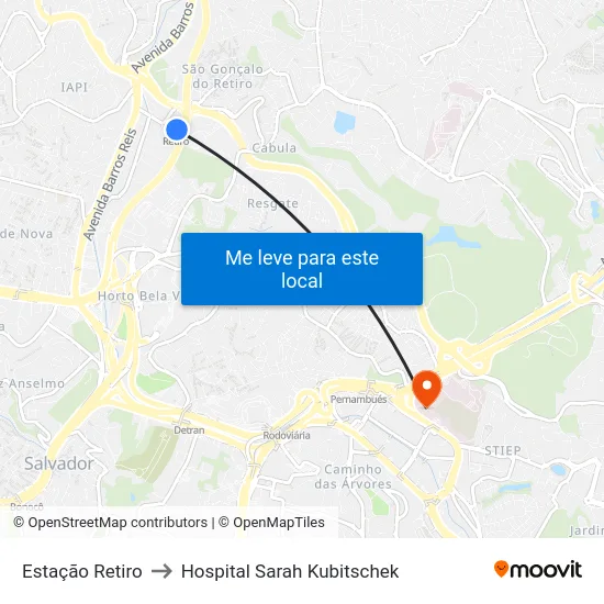 Estação Retiro to Hospital Sarah Kubitschek map