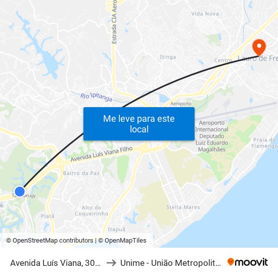 Avenida Luís Viana, 307 | Estação Tamburugy - Sentido Acesso Norte to Unime - União Metropolitana Para O Desenvolvimento Da Educação E Cultura map