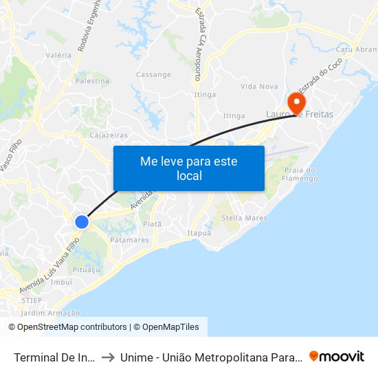 Terminal De Integração De Pituaçu to Unime - União Metropolitana Para O Desenvolvimento Da Educação E Cultura map