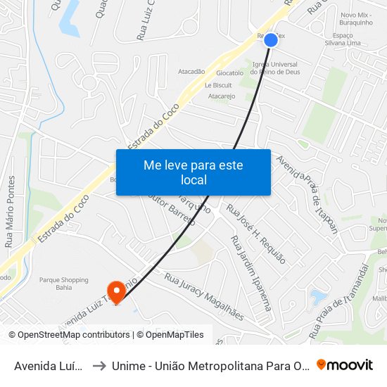 Avenida Luís Tarquínio 2886 to Unime - União Metropolitana Para O Desenvolvimento Da Educação E Cultura map