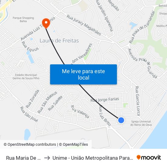 Rua Maria De Lourdes Cidreira, 78 to Unime - União Metropolitana Para O Desenvolvimento Da Educação E Cultura map