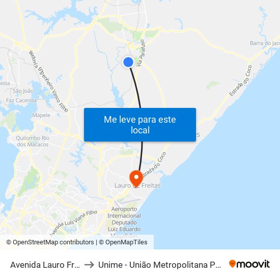 Avenida Lauro Freitas Lot Pqe Verde I, 570 to Unime - União Metropolitana Para O Desenvolvimento Da Educação E Cultura map