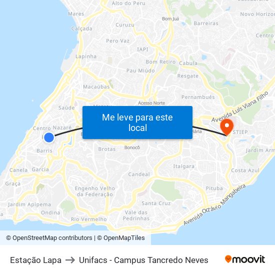 Estação Lapa to Unifacs - Campus Tancredo Neves map