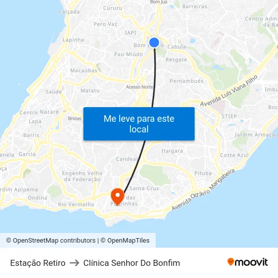 Estação Retiro to Clínica Senhor Do Bonfim map