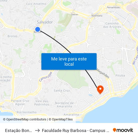Estação Bonocô to Faculdade Ruy Barbosa - Campus Pituba map
