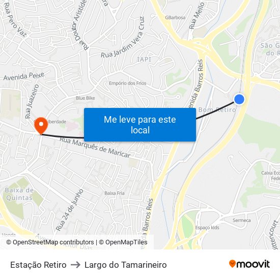 Estação Retiro to Largo do Tamarineiro map
