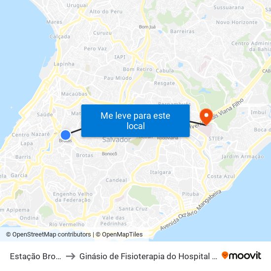 Estação Brotas to Ginásio de Fisioterapia do Hospital Sarah map