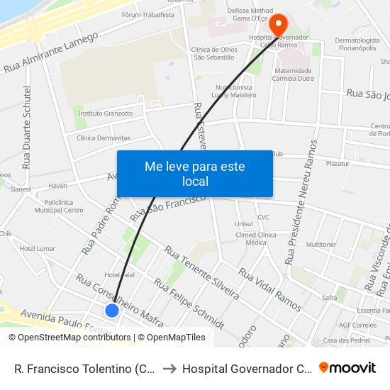 R. Francisco Tolentino (Casas D'Água) to Hospital Governador Celso Ramos map