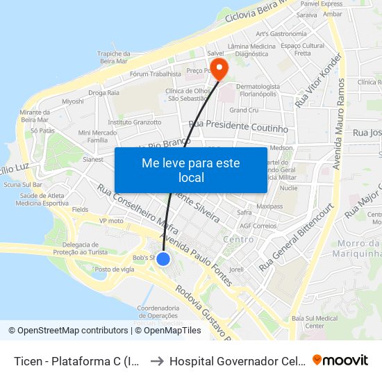 Ticen - Plataforma C (Imperatriz) to Hospital Governador Celso Ramos map