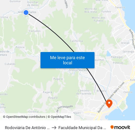 Rodoviária De Antônio Carlos to Faculdade Municipal Da Palhoça map