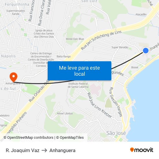 R. Joaquim Vaz to Anhanguera map