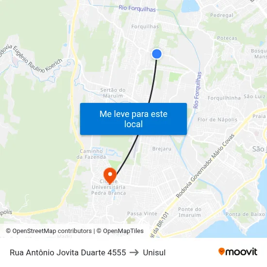 Rua Antônio Jovita Duarte 4555 to Unisul map