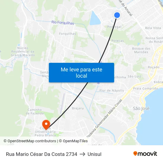 Rua Mario César Da Costa 2734 to Unisul map