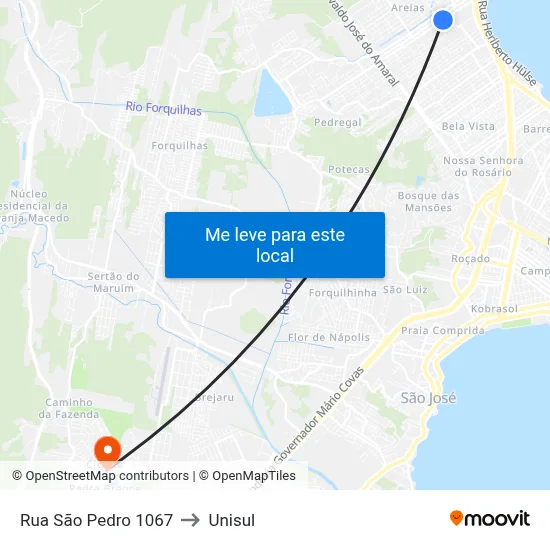 Rua São Pedro 1067 to Unisul map