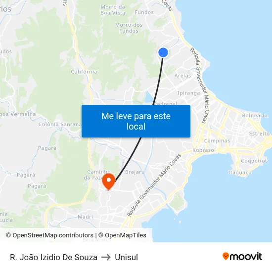 R. João Izidio De Souza to Unisul map