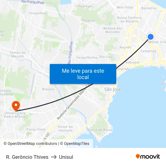 R. Gerôncio Thives to Unisul map