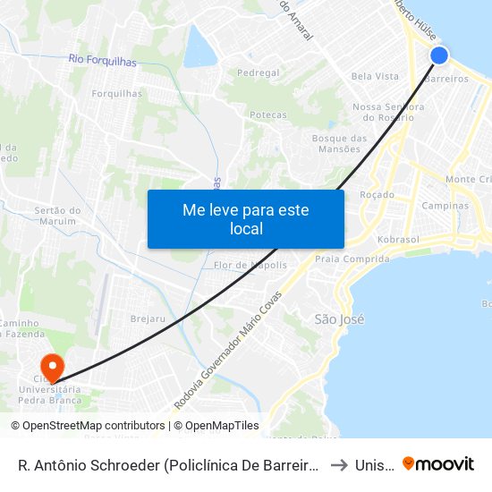 R. Antônio Schroeder (Policlínica De Barreiros) to Unisul map