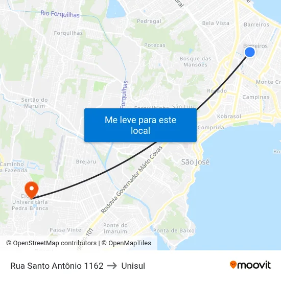 Rua Santo Antônio 1162 to Unisul map