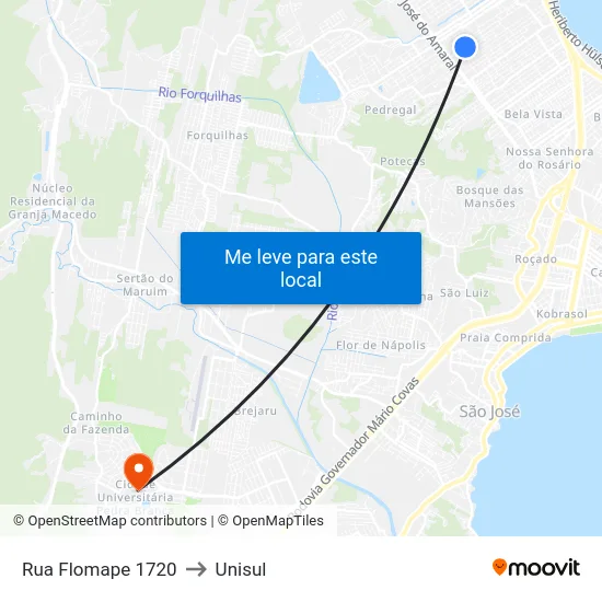 Rua Flomape 1720 to Unisul map