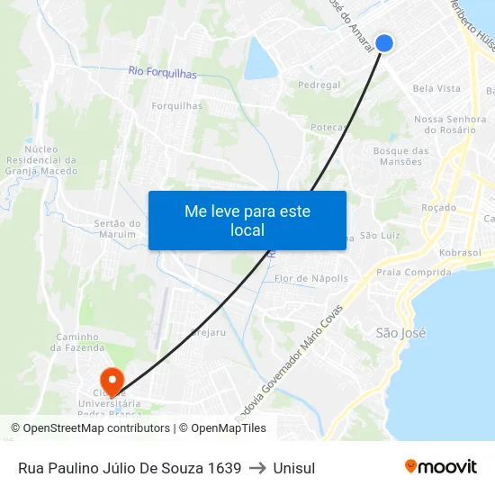 Rua Paulino Júlio De Souza 1639 to Unisul map