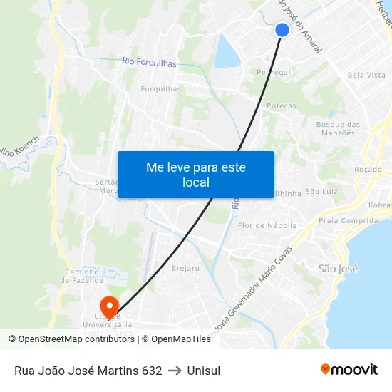 Rua João José Martins 632 to Unisul map