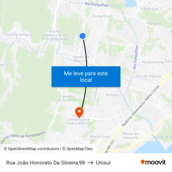 Rua João Honorato Da Silveira,98 to Unisul map
