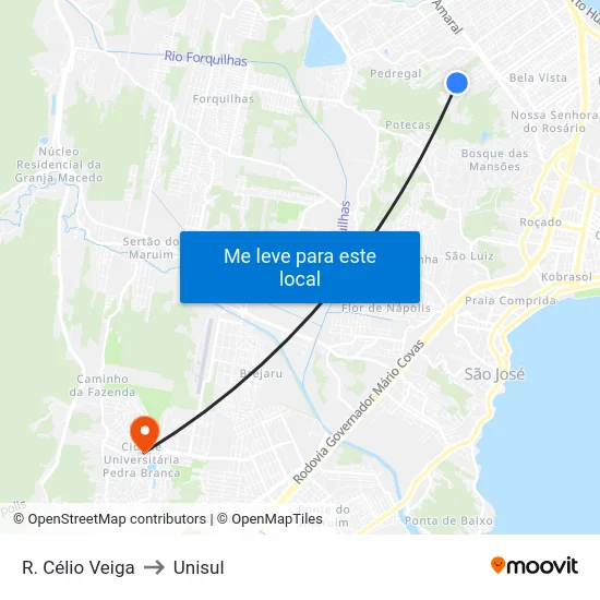 R. Célio Veiga to Unisul map