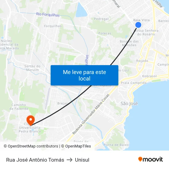 Rua José Antônio Tomás to Unisul map