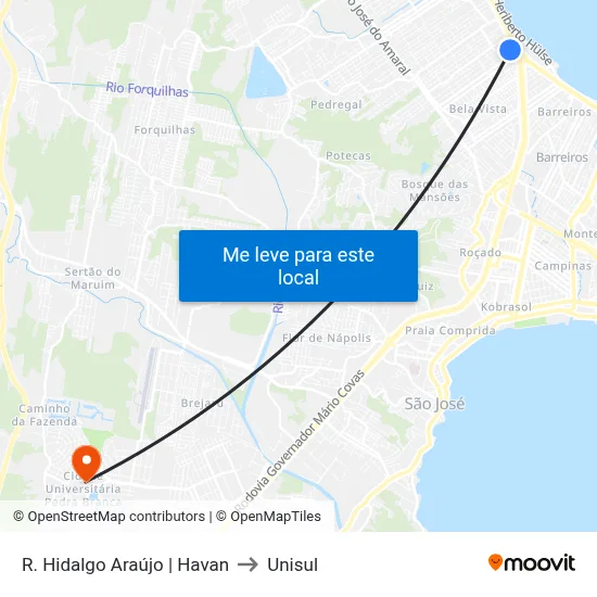 R. Hidalgo Araújo | Havan to Unisul map