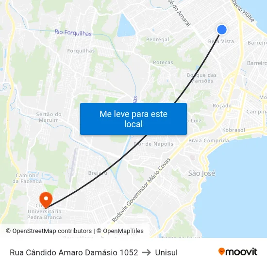 Rua Cândido Amaro Damásio 1052 to Unisul map
