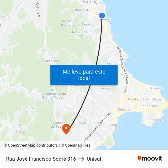 Rua José Francisco Sodré 316 to Unisul map