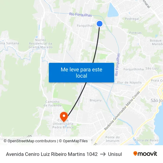 Avenida Ceniro Luiz Ribeiro Martins 1042 to Unisul map