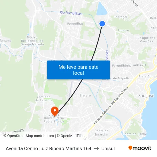 Avenida Ceniro Luiz Ribeiro Martins 164 to Unisul map