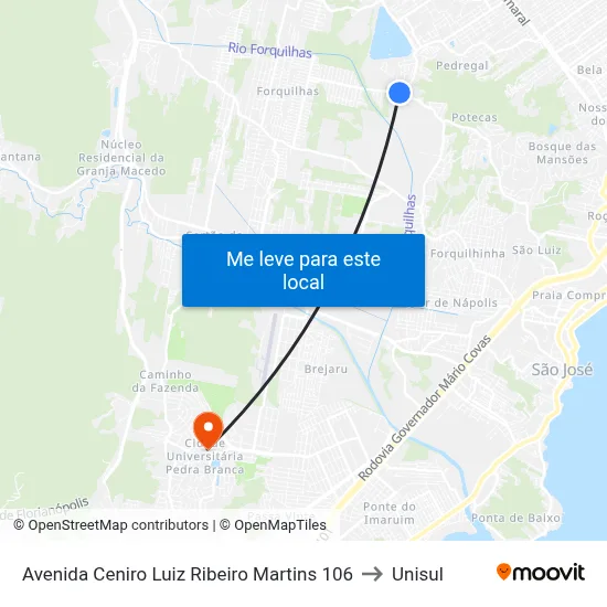 Avenida Ceniro Luiz Ribeiro Martins 106 to Unisul map