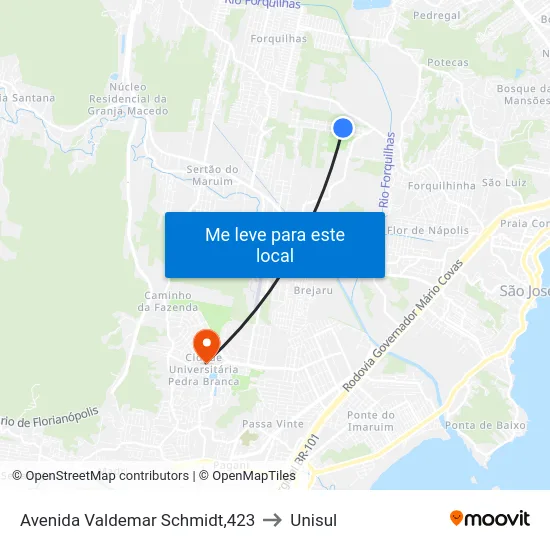 Avenida Valdemar Schmidt,423 to Unisul map