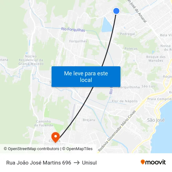 Rua João José Martins 696 to Unisul map