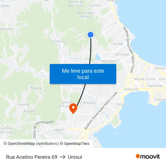 Rua Acelino Pereira 69 to Unisul map